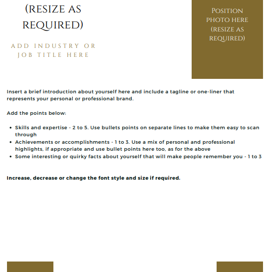 A simple bio template with gold coloured detailing and some gold writing. Add your own information, such as logo and photos where indicated.